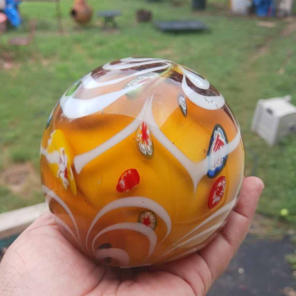 Murano Yellow Multicolor Swirl Art Glass Round Paper Weight - 4"